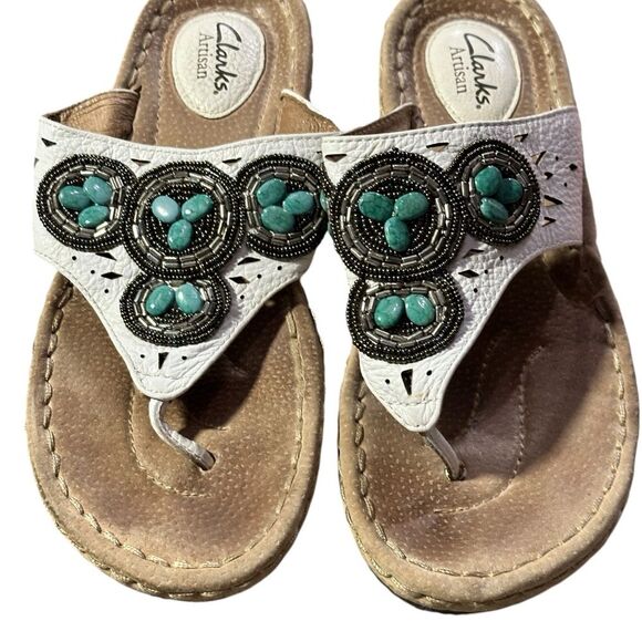 Clarks Artisan Leather Thong Sandals Turquoise Beaded Accent Sz 7 - Picture 2 of 10